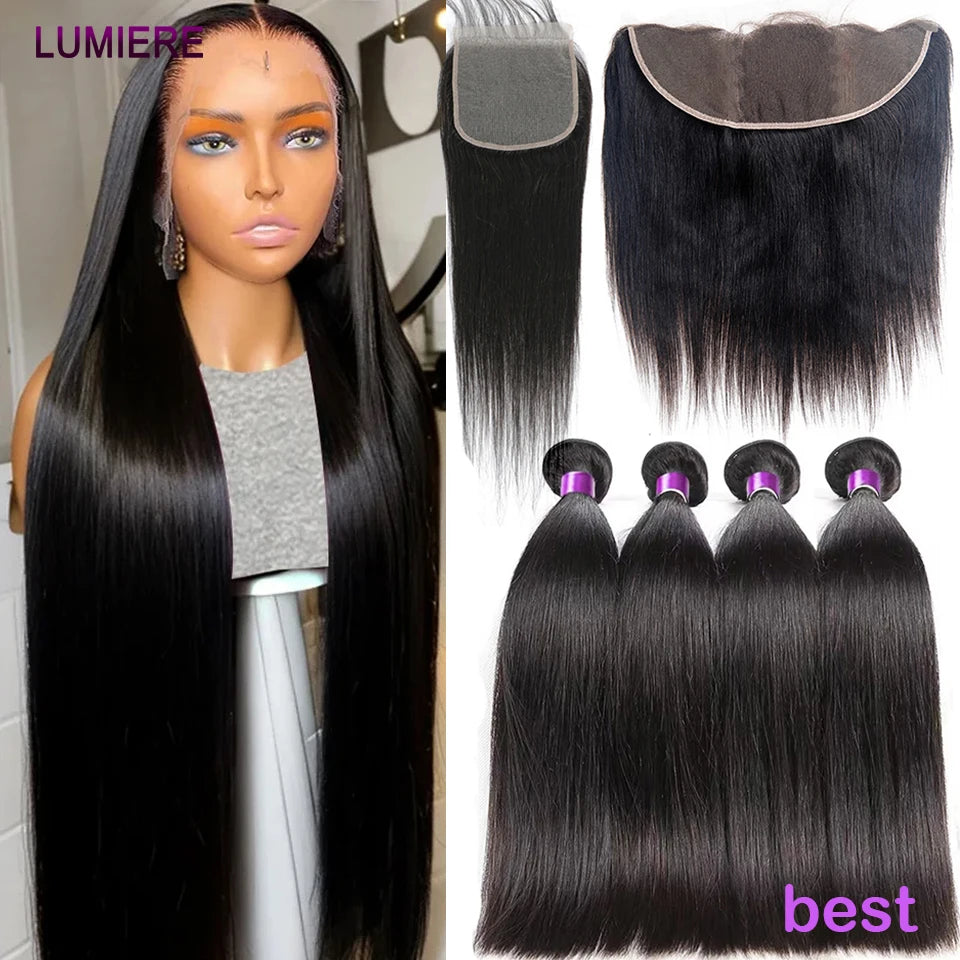 Bone Straight Human Hair Bundles with 13x4 HD Transparent Lace Frontal Closure And Bundle Real Virgin Hair Weave 3/4 Bundle Deal