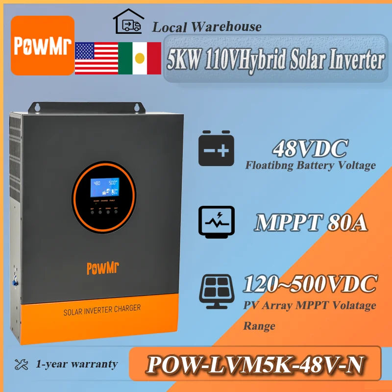 PowMr 5KW 48V to110V Hybrid Solar Inverter Max PV 500V with 80A MPPT Charger Controller Pure Sine Inverter for Lithium Battery