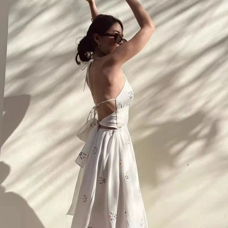 Women's Summer Sleeveless Cotton Hemp Halter Neck Dress Daisy Embroidery Backless Lace Up Long Dress