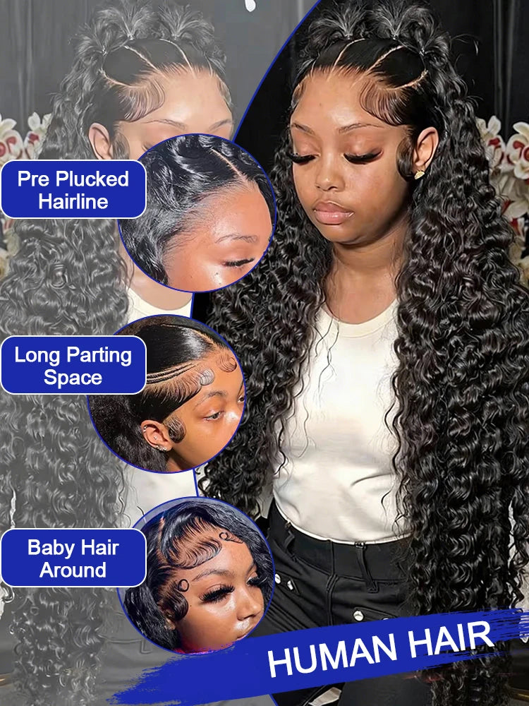 300% Density 40 42 Inch High Quality Loose Deep Wave Frontal Wigs Transparent 13x4 Lace Front Brazilian Hair Wigs Glueless Wig Human Hair 13x6 Water Wave Kinky Curly HD Lace Frontal Wig Preplucked Hairline Wet and Wavy Human Hair Wig on Clearance Sale