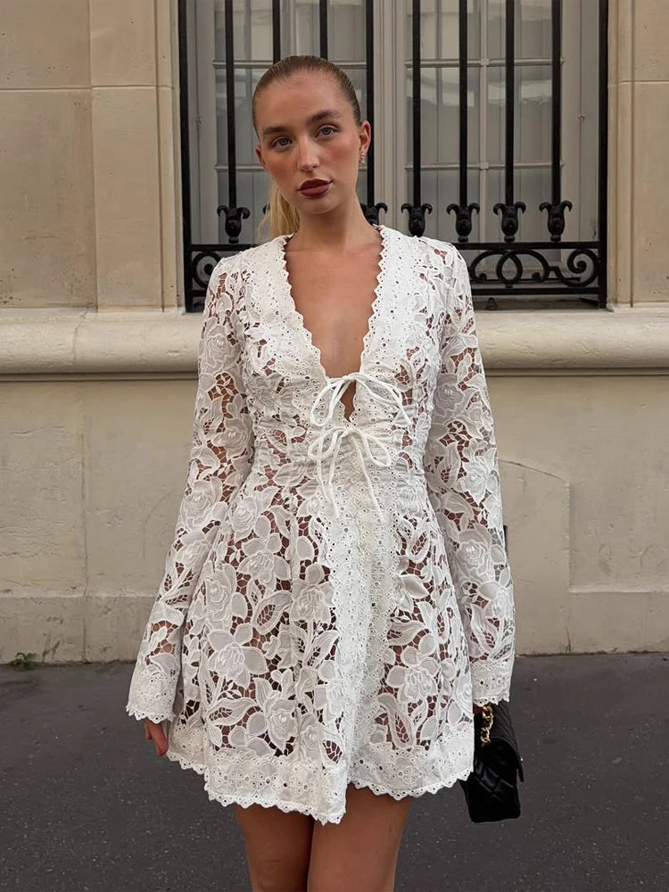 Elegant White Floral Lace Mini Dress Women Deep V Front Tie Flare Long Sleeve Slim A Line Dresses Summer Beach Vacation Gowns