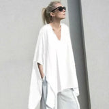 Summer 2025 Fashion Chic V-neck Irregular Black T-shirts Casual Loose Women's Clothing Batwing Sleeve Oversized 5XL Tops Female