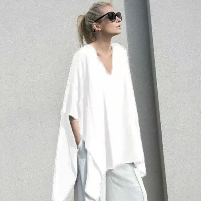 Summer 2025 Fashion Chic V-neck Irregular Black T-shirts Casual Loose Women's Clothing Batwing Sleeve Oversized 5XL Tops Female