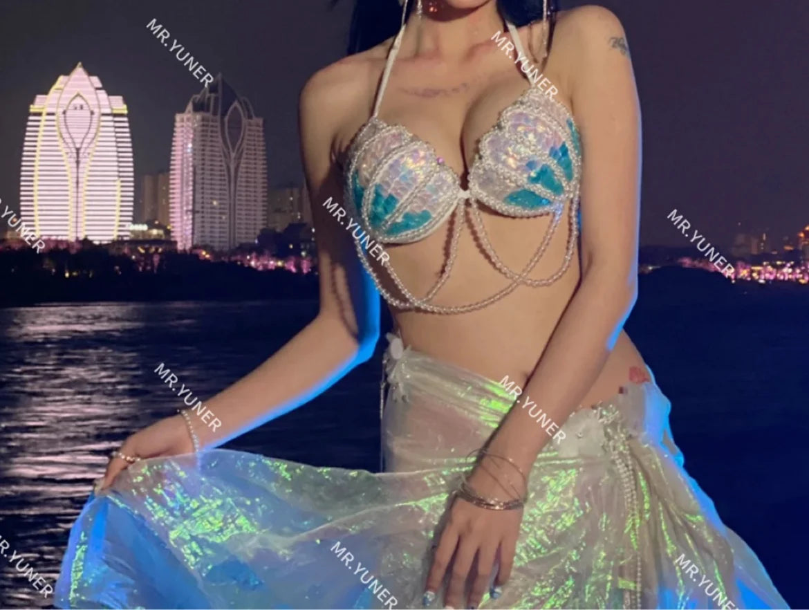 RM Thailand Small Breasts Solid Color Gathering Women Bikini Spa Swimsuit Sequins Triangle Tie Vacation Mermaid