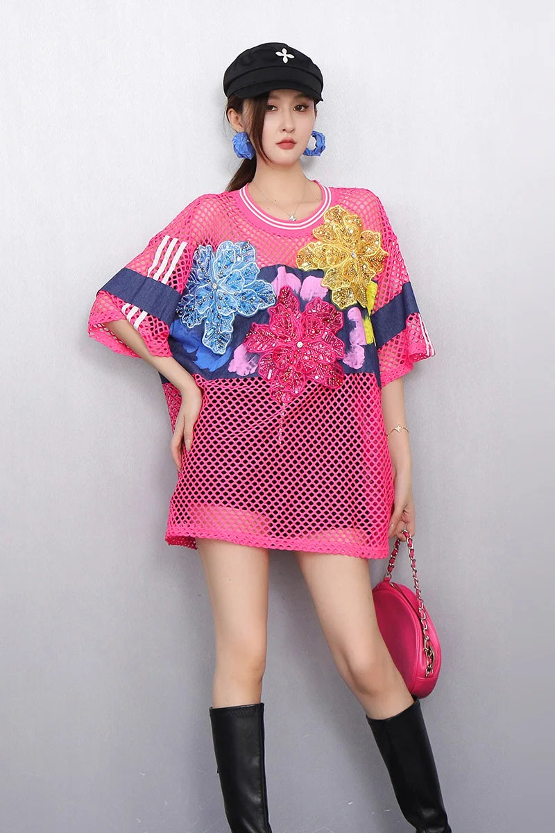 2025 Spring Summer New Fashion Women Mesh Flower Loose T-shirts Short Sleeve Top Female Wholesale J1187