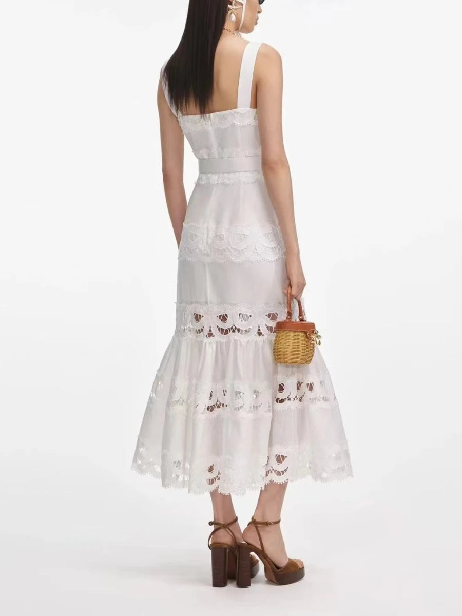 VGH Solid Elegant Spliced Hollow Out Dress for Women Square Collar Sleeveless Patchwork Sashes High Waist Bodycon Dresses Female