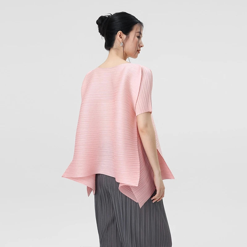 LANMREM Premium Pink Pleated Asymmetrical Women's T-shirt Batwing Sleeve Round Neck Loose Fit Daily Commute Pullover Top 2DB7499