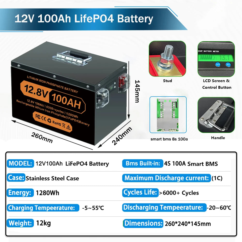 Brand New LiFePO4 12V 24V 48v 100ah 200ah 280ah 400Ah LiFePO4 Lithium Battery 100A BMS 6000+ cyclic for Inverter Solar RV No Tax