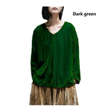 Original Design Spring Autumn Women's Mulberry Silk Velvet V-neck Pullover Loose Large Size Pleated Shirt Smooth Glossy Clothes