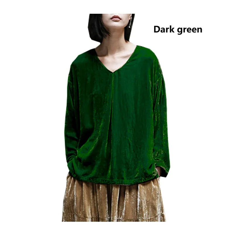Original Design Spring Autumn Women's Mulberry Silk Velvet V-neck Pullover Loose Large Size Pleated Shirt Smooth Glossy Clothes