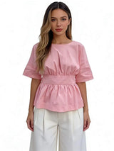 Womens Summer Peplum Top Casual Solid Color Backless Loose Hem Bow Crew Neck Elbow Sleeve Blouse