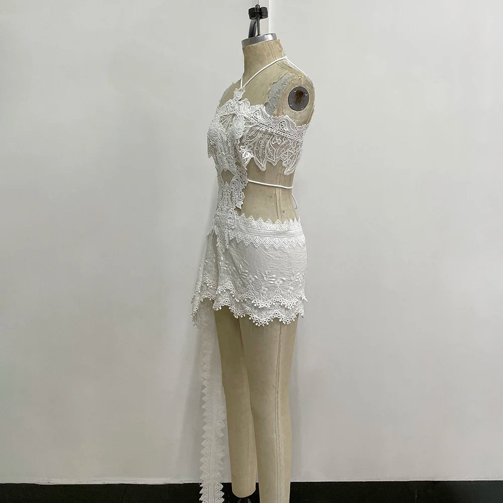 Women Openwork Short Lace Stylish Ruffled mini Dress Halter Neck See-Through Floral Lace Suitable Vacation Nightclub Wear
