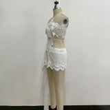Women Openwork Short Lace Stylish Ruffled mini Dress Halter Neck See-Through Floral Lace Suitable Vacation Nightclub Wear