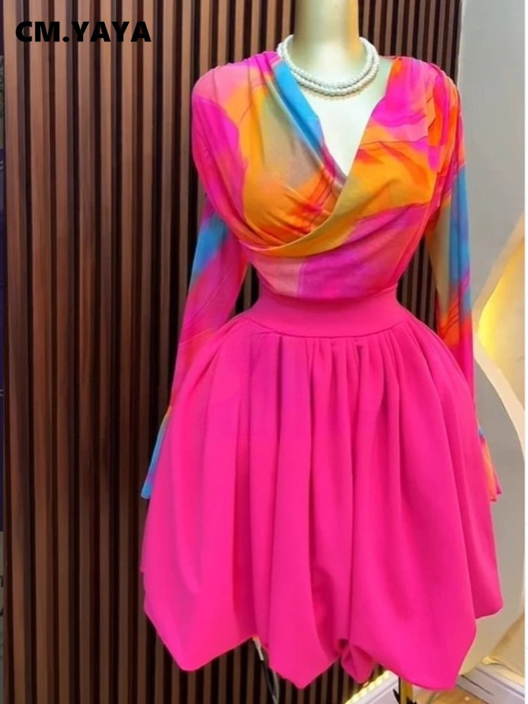 CM.YAYA Women Hot Pink Tie Dye Mesh Long Sleeve Wrap V Neck High Waist Pleated Irregular Hem Mini Party Dress 2026 Summer Dress