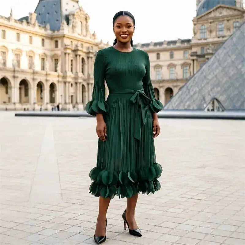 LANMREM Niche Women's Pleated Dress Fashion Solid Color Elegant Round Embellishments Patchwork Design Famale Clothing 2DB8043