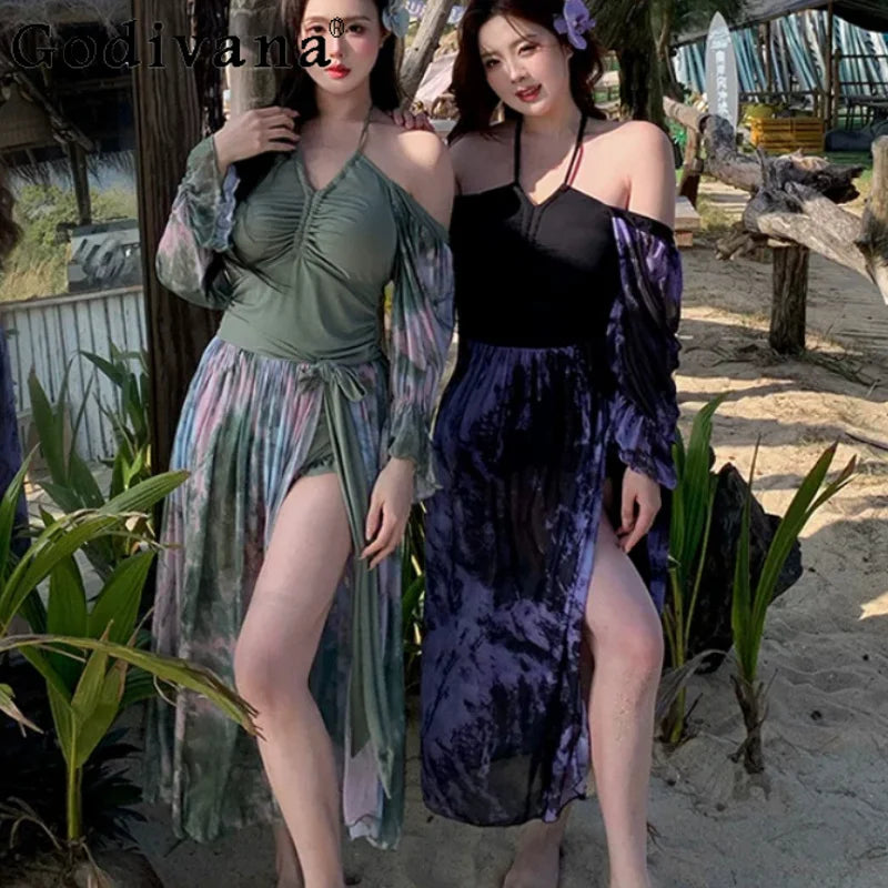 2026 Summer New Large Size Retro Fashion Girl One-piece Conservative Swimsuit Sexy Hot Spring Seaside Vacation Swimsuit Set