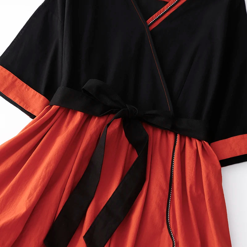 2024 New Arrival V-neck Patchwork Vintage Loose Summer Dress Bow Belt Slim Office Lady Work Dress Fashion Women Casual Dress