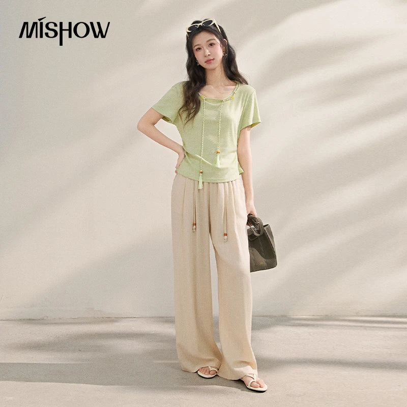 MISHOW Women Chinese Style Knit T-shirt 2026 New Summer Tassel Tie Waist Ruched Slim French Casual Daily Short Tops MXF16T1576