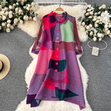 Miyake Pleated Drape Dress Women 2024 Spring Summer Colorblock Printing Lapel 3/4 Sleeve Single-breasted Fashion Shirt Dresses