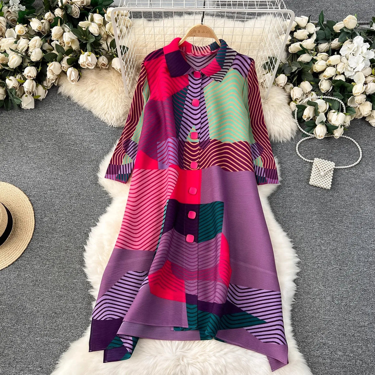 Miyake Pleated Drape Dress Women 2024 Spring Summer Colorblock Printing Lapel 3/4 Sleeve Single-breasted Fashion Shirt Dresses