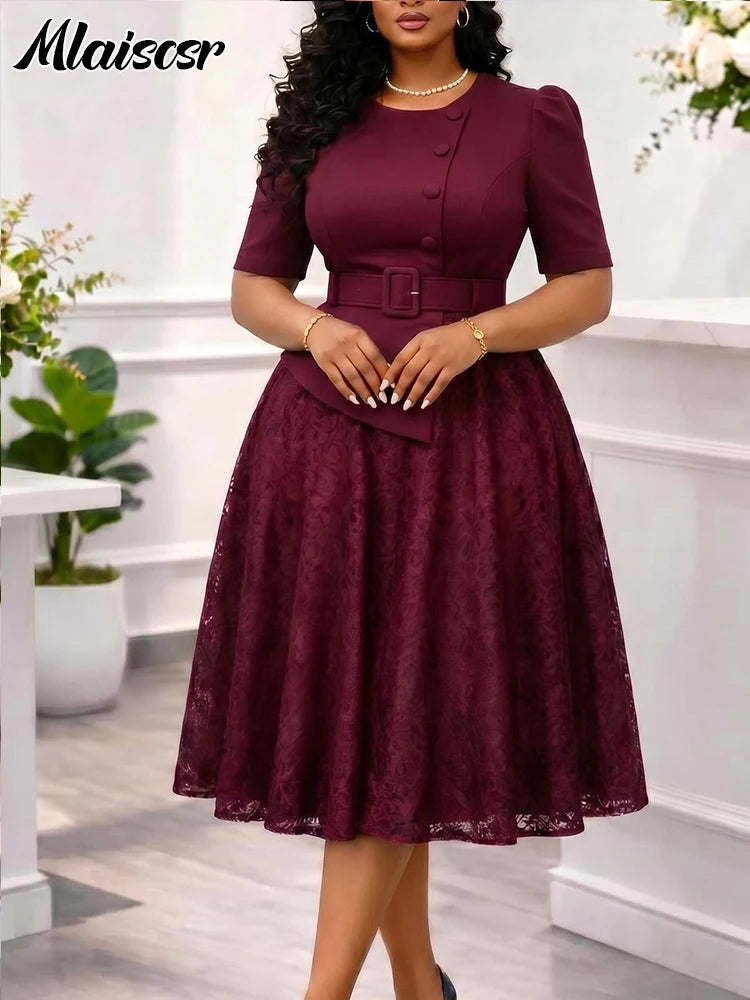 Mlaiscsr Classy Pink Mid Dress for Women Puff Sleeve A-Line Belted Waist Buttoned Top Floral Lace Overlay Dresses Brunch Church