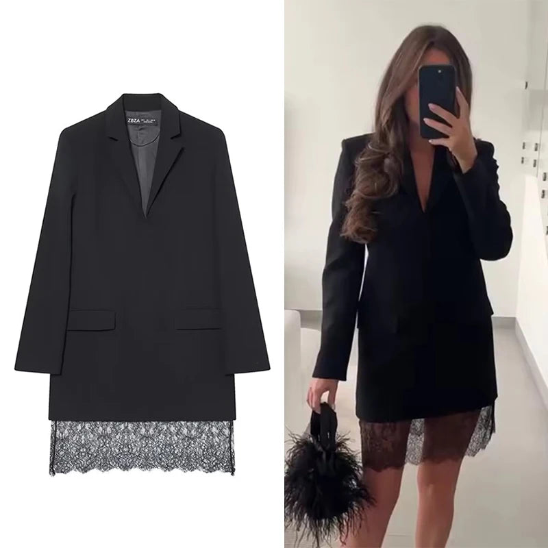 2025 New Fashion Lace Splicing Short Dresses for Women Long Sleeve Blazer Style Mini Dress Woman Chic Elegant Office Dress