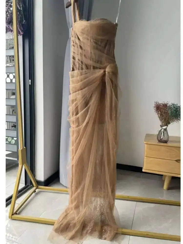 DEAT 2026 mesh dress for vacation,single straps high waist long vestido,pullover sheer fake two pieces party dresses