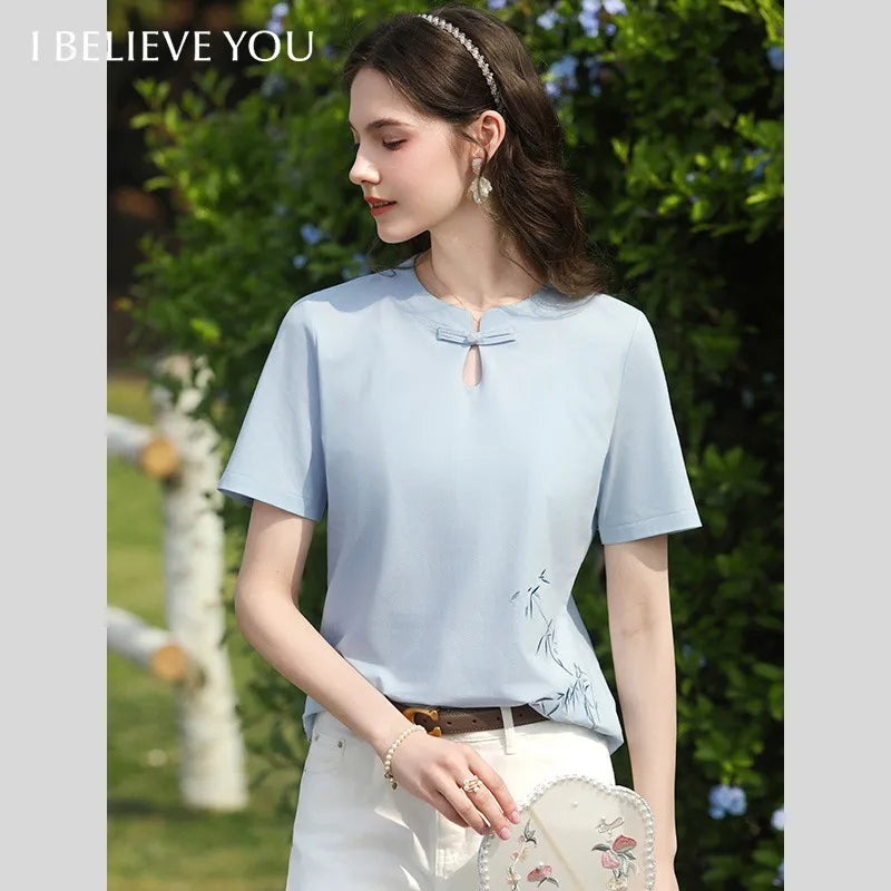 I BELIEVE YOU Light Blue Bamboo Embroidery T-Shirts 2026 Summer Chinese Knot Keyhole Neck Short Sleeve Casual Top 2261016298