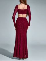 NewAsia Women's Long Sleeve Cut Out Sequin Long Dress Side Slit Backless Bodycon Fashion Club Party Maxi Dresses Wine