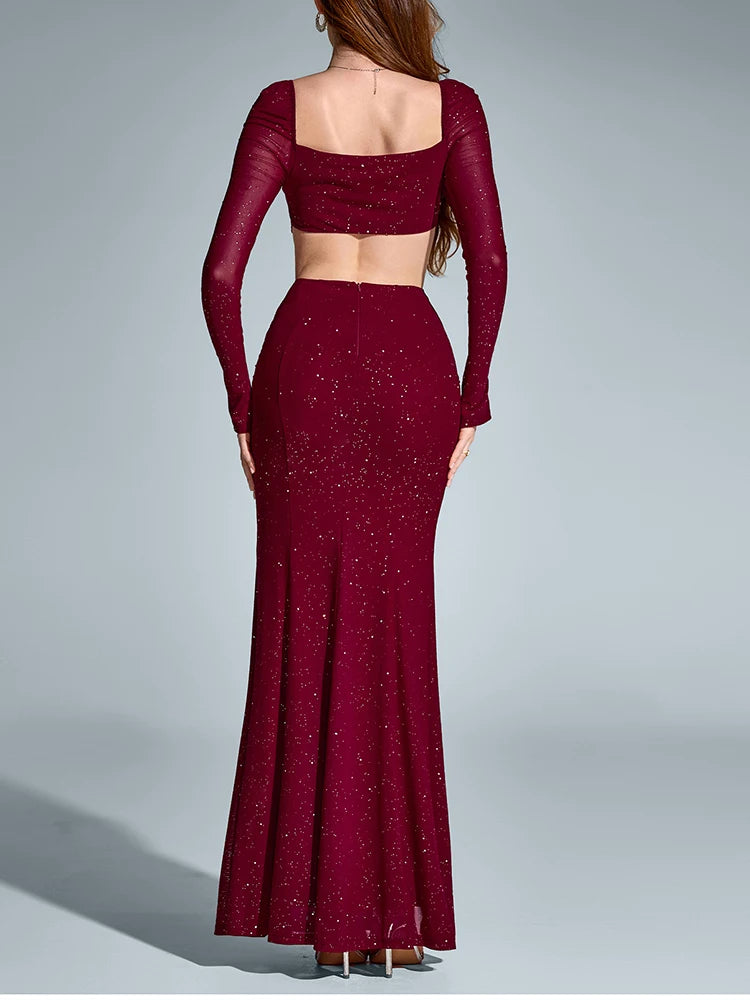 NewAsia Women's Long Sleeve Cut Out Sequin Long Dress Side Slit Backless Bodycon Fashion Club Party Maxi Dresses Wine
