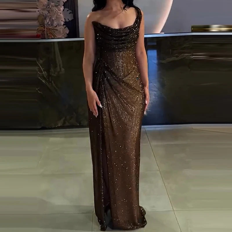 Sexy Elegant Full Length High Split Party Dress Chic Girdling Banquet Maxi Dress Luxury Women One Shoulder Glitter Slim Dress