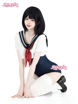 Summer Vacation Beach Swimming Outfit Cute Sweet Sailor Collar Short Sleeve Crop Top Bow Tie One-piece Bikini Swimsuit Set Women