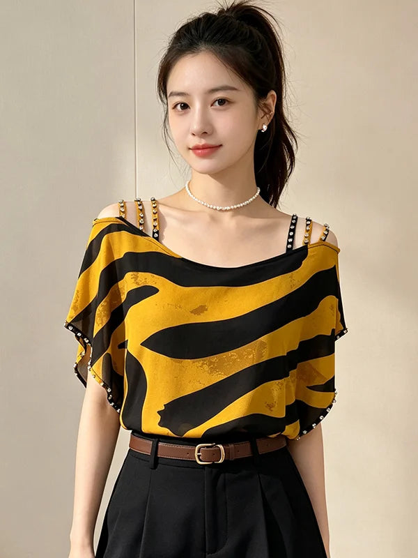 Elegant Summer 2026 Women's Fashion Print Chiffon Design Shoulder Bared Diamond Embellished T-Shirt Korean Style Loose Fit Da...