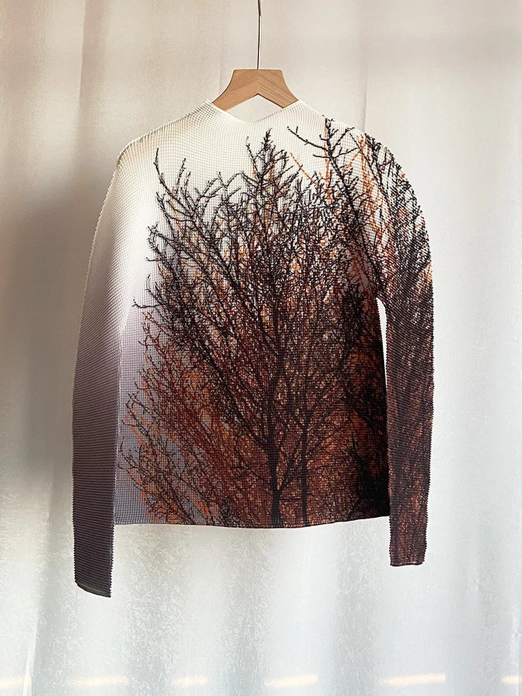 LANMREM Gradient Long Sleeves Women's Turtleneck Slim T Shirt Pleated Casual Female Fashion Clothes 2025 Spring New 2DC1065