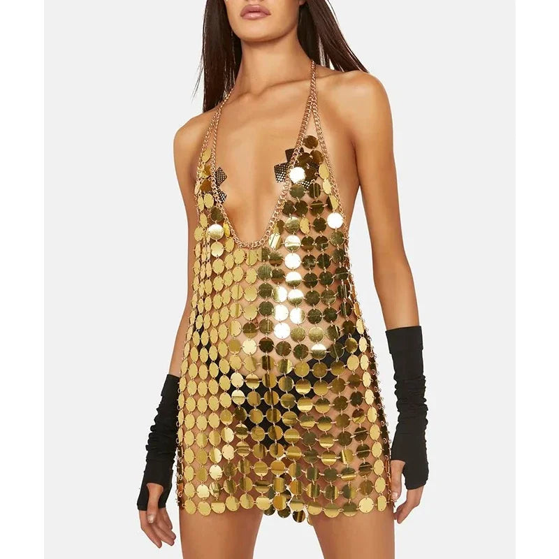 Women Fashion Sleeveless Sexy Backless Glitter Black Gold Chainmail Sequin Patchwork Mini Dresses Diana Silver Disc Dress