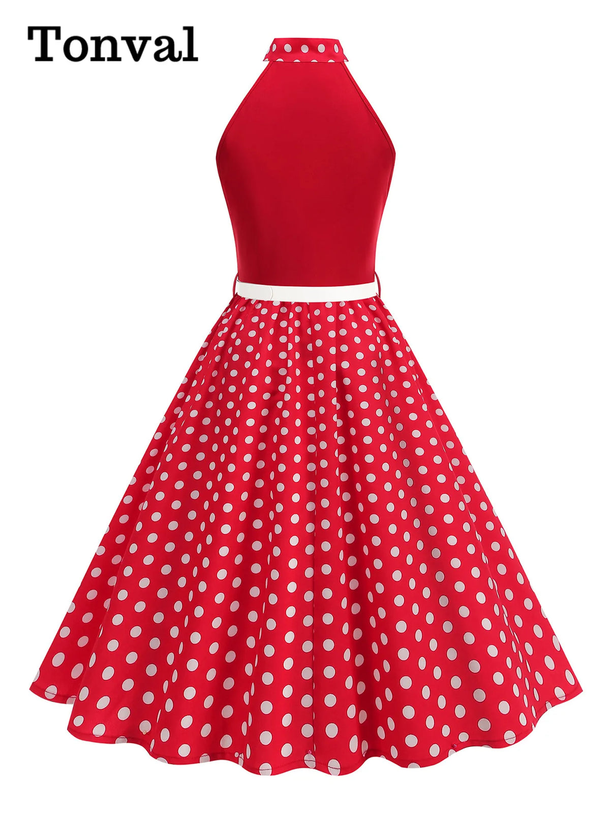 Tonval Bow Neck Halter Neck Polka Dot 50s Retro Party Clothes for Women Prom Vintage Cosplay Christmas Sleeveless Dresses