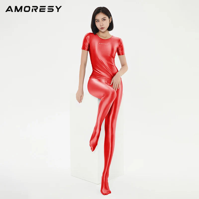 AMORESY Women Shiny Glossy Silky Short Sleeve Tights Tops Oil Round Neck Pullover Sports Running Stretch Fitness T-shirt Outdoor