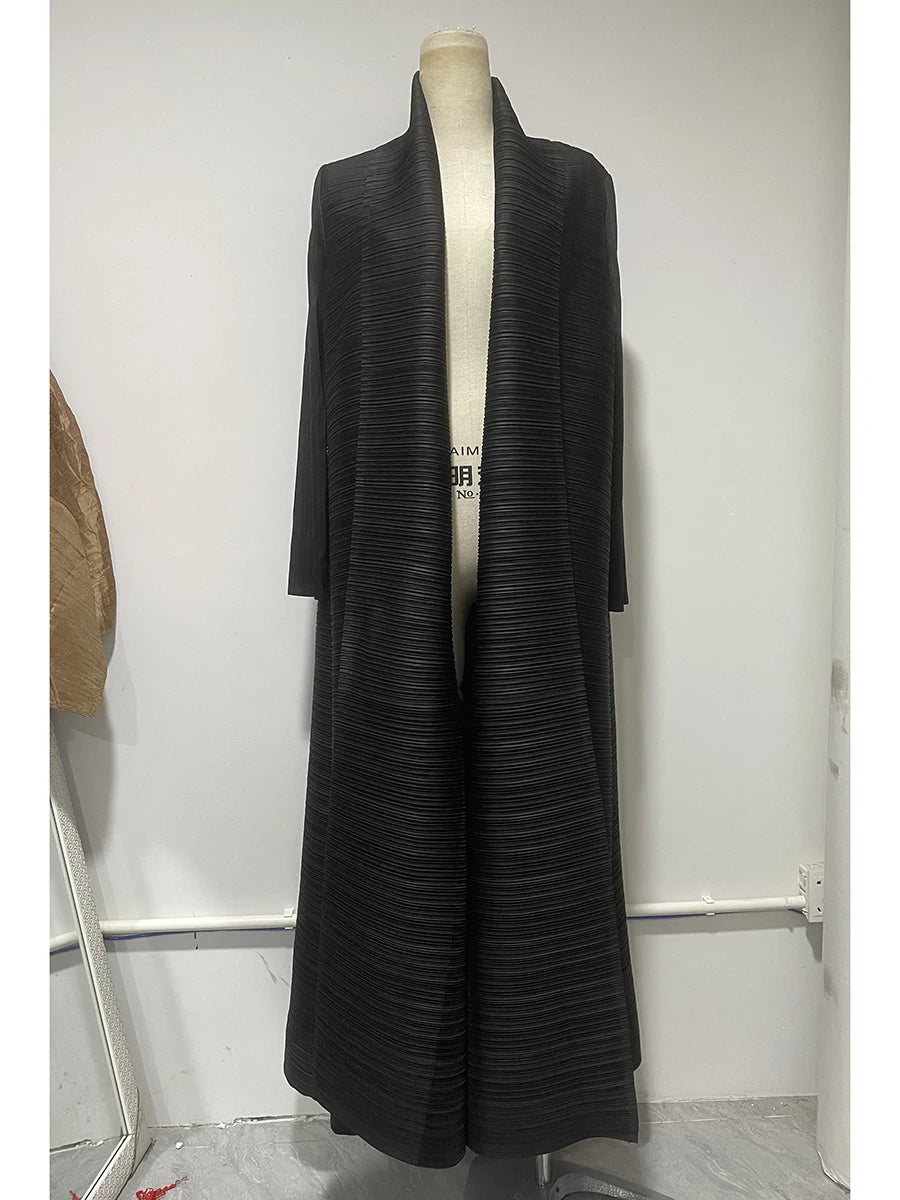 Miyake Pleated Turndown Collar Long Sleeve Cardigan Dress Long Coats Women New Abaya Fashion Solid Loose Large Size Clothes