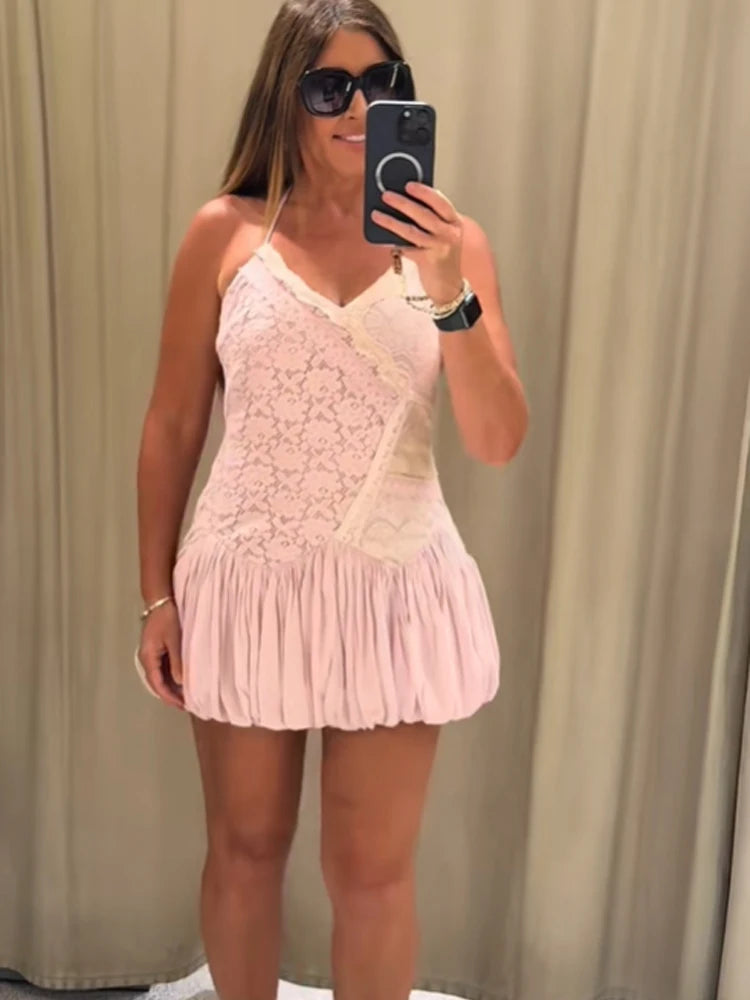 Women Pink Color Block Lace Spaghetti Strap Mini Dress Sweet Deep V Sleeveless Bubble Hem Dresses 2026 Daily Dating Casual Gown
