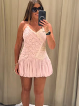 Women Pink Color Block Lace Spaghetti Strap Mini Dress Sweet Deep V Sleeveless Bubble Hem Dresses 2026 Daily Dating Casual Gown