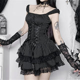 Goth Dark Lolita Outfits Cyber Y2K Striped Bandage Mini Dresses Sweet Lace Stitch Hem Cake Dress Mall Gothic Straps Party Gown