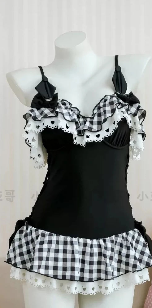 Sweet Cute Hot Girl Sexy Suspender Swimsuit Summer Casual Plaid Bow V Neck Lace Pleated Vacation Beach Black Bikinis Set Women