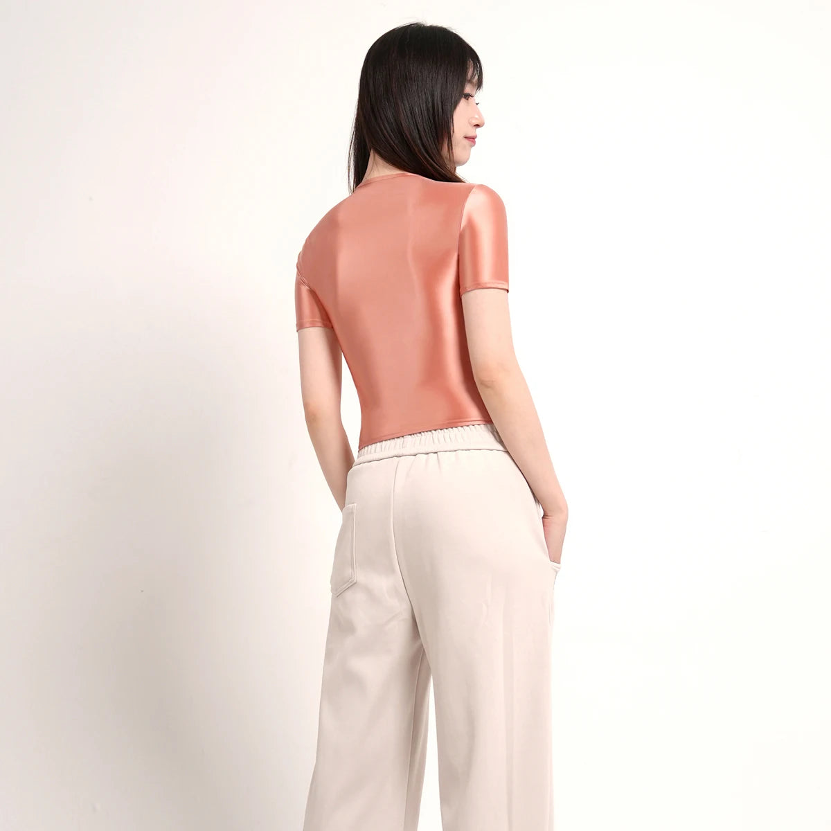 MJINM Women Oil Glossy Silky Smooth Short-sleeve Bottoming Shirt Strech Tight Soild Color Casual Yoga Sports Home Short T-shirt