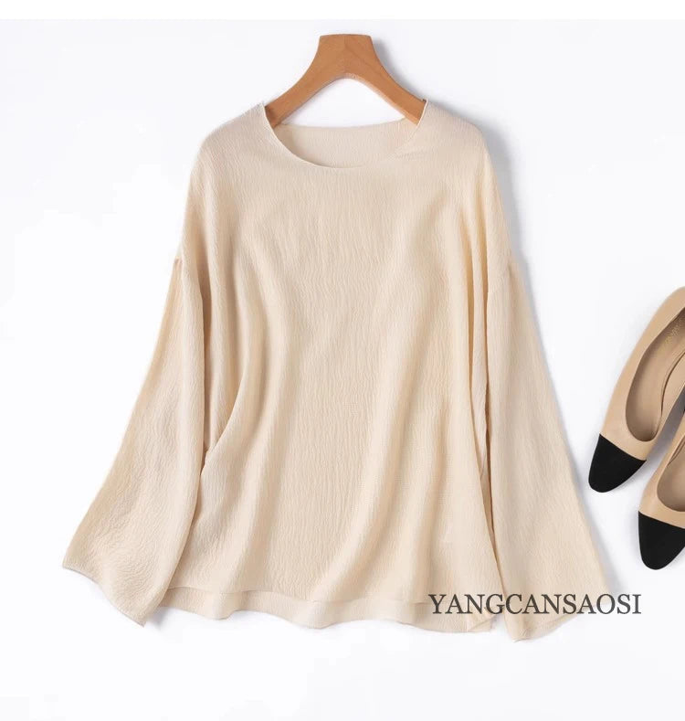 2025 Women's Leisure Summer New 100% Natural Mulberry Silk Bubble Crepe Long Sleeve Air Feel Loose Round Neck Solid T-shirt