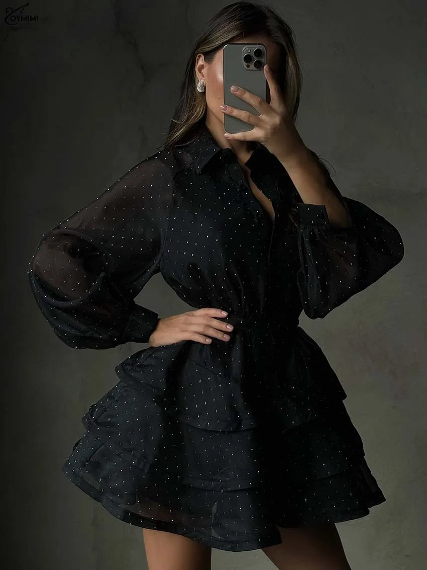 Oymimi Fashion Black Rhinestone Women's Dress Casual Lapel Long Sleeve Button Dresses Elegant New Lace-Up Pleated Mini Dresses