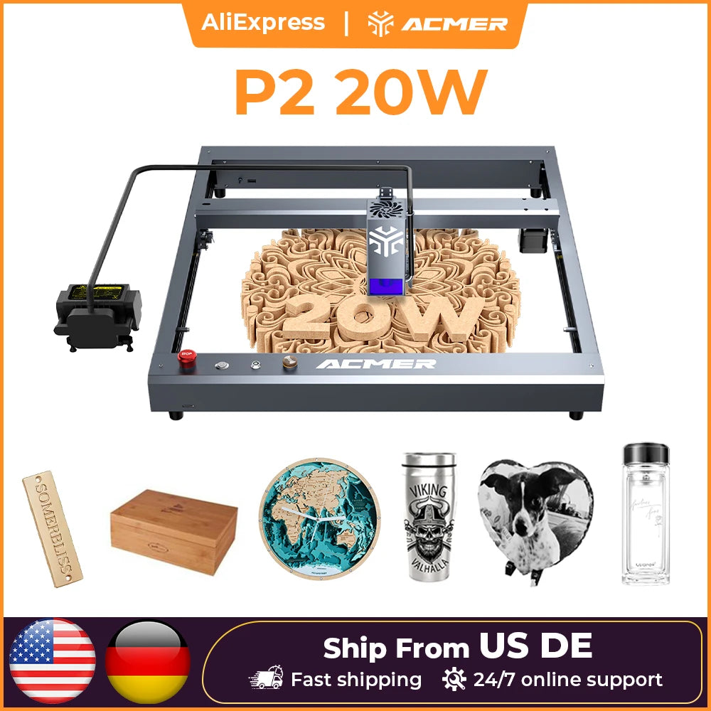 ACMER P2 20W Laser Engraver Cutting Machine Automatic Air Assist Support APP wifi CNC CO2 High Speed Laser Cutting Machine Wood