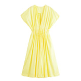 HH Women's Summer Fashion V-neck Lace-up Midi Short Sleeve Dress Female Elegant Backless Pleated Sexy Waist Long Dress