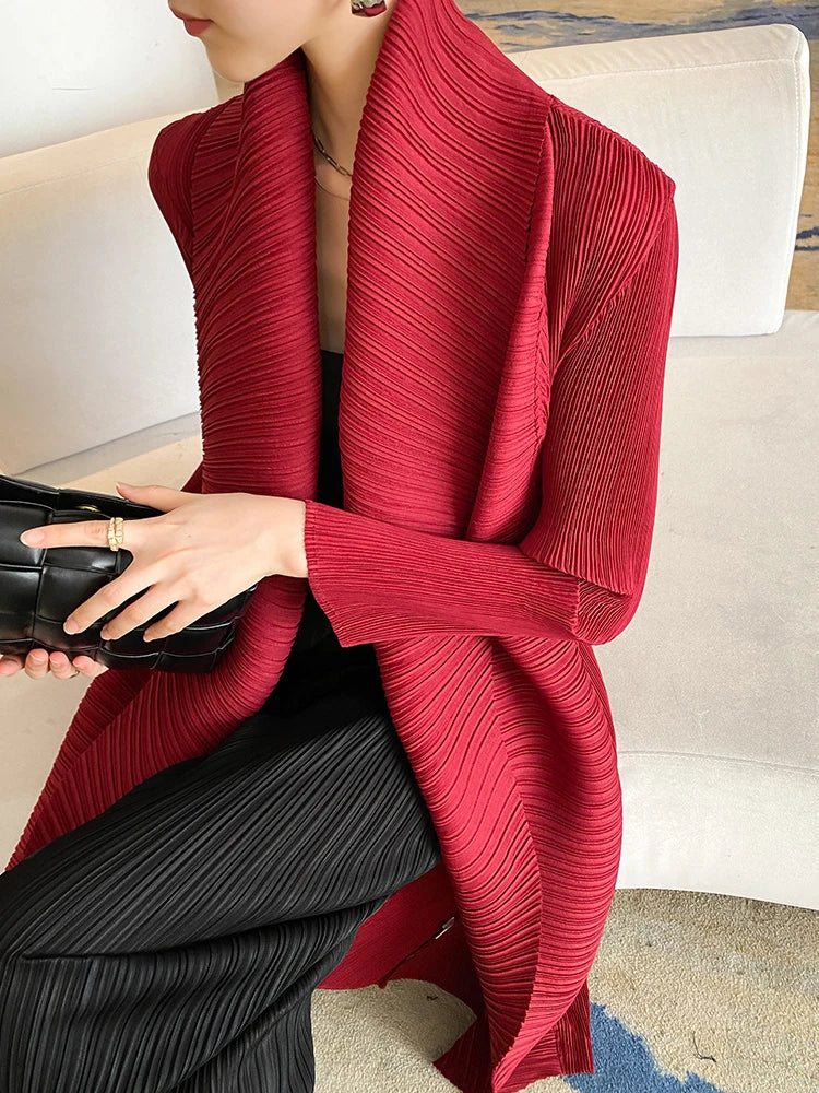 Miyake Pleated Women's Long Jacket 2025 Winter Turn-down Collar Pen Stitch Long Sleeve Windbreaker Loose Oversize Cardigan Coats