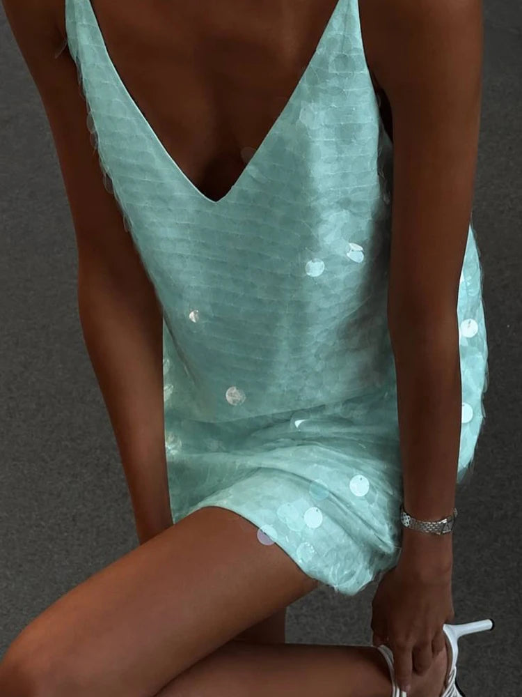 Sexy Women Sequin Lace Trim Mini Dress Chic V-neck Sleeveless High Waist Mini Sling Dresses 2026 Daily Summer Lady Vacation Robe