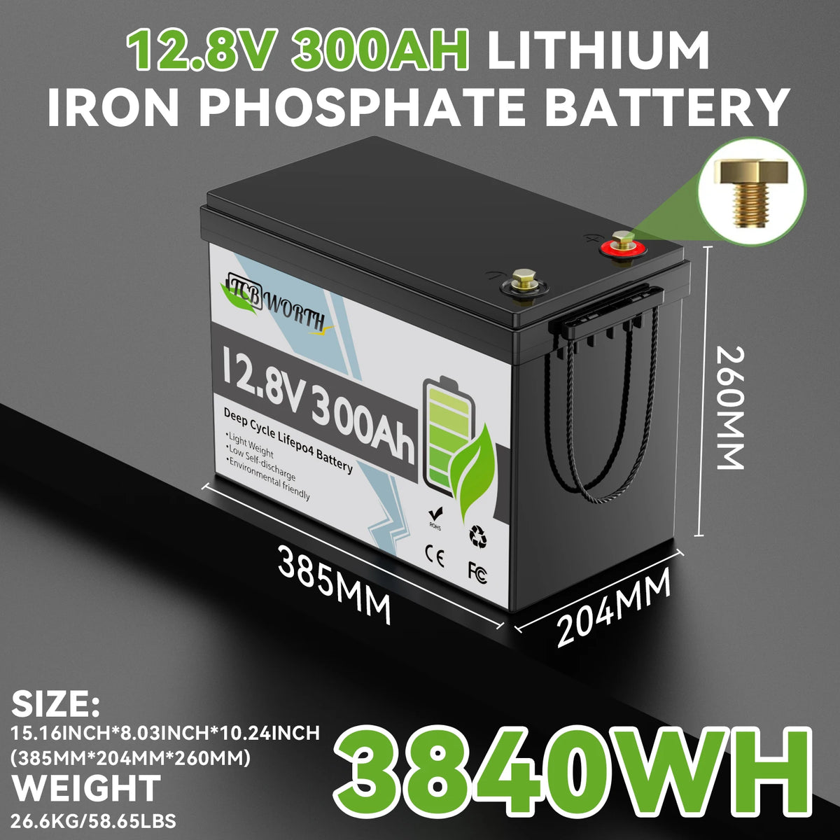 TCBWORTH 12V 300Ah Lithium LiFePO4 Battery,Smart 200A BMS,Rechargeable Lithium Battery for Rv,Solar Energy Storage,Backup Power